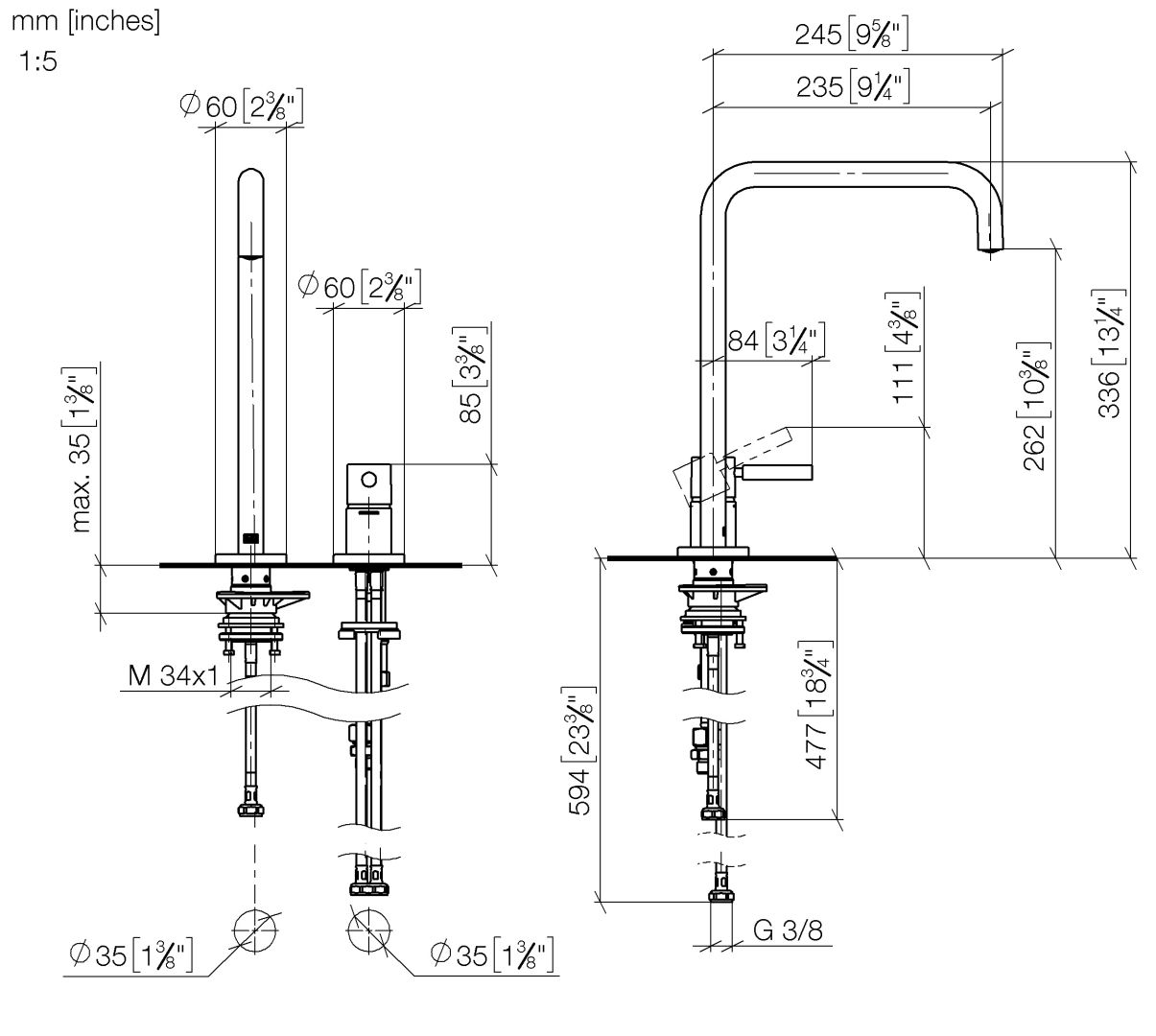 Dornbracht 2-Lochbatt. m. Einzelros. META SQUARE 32815861 Dark Brass gebuerstet PVD 32815861-39